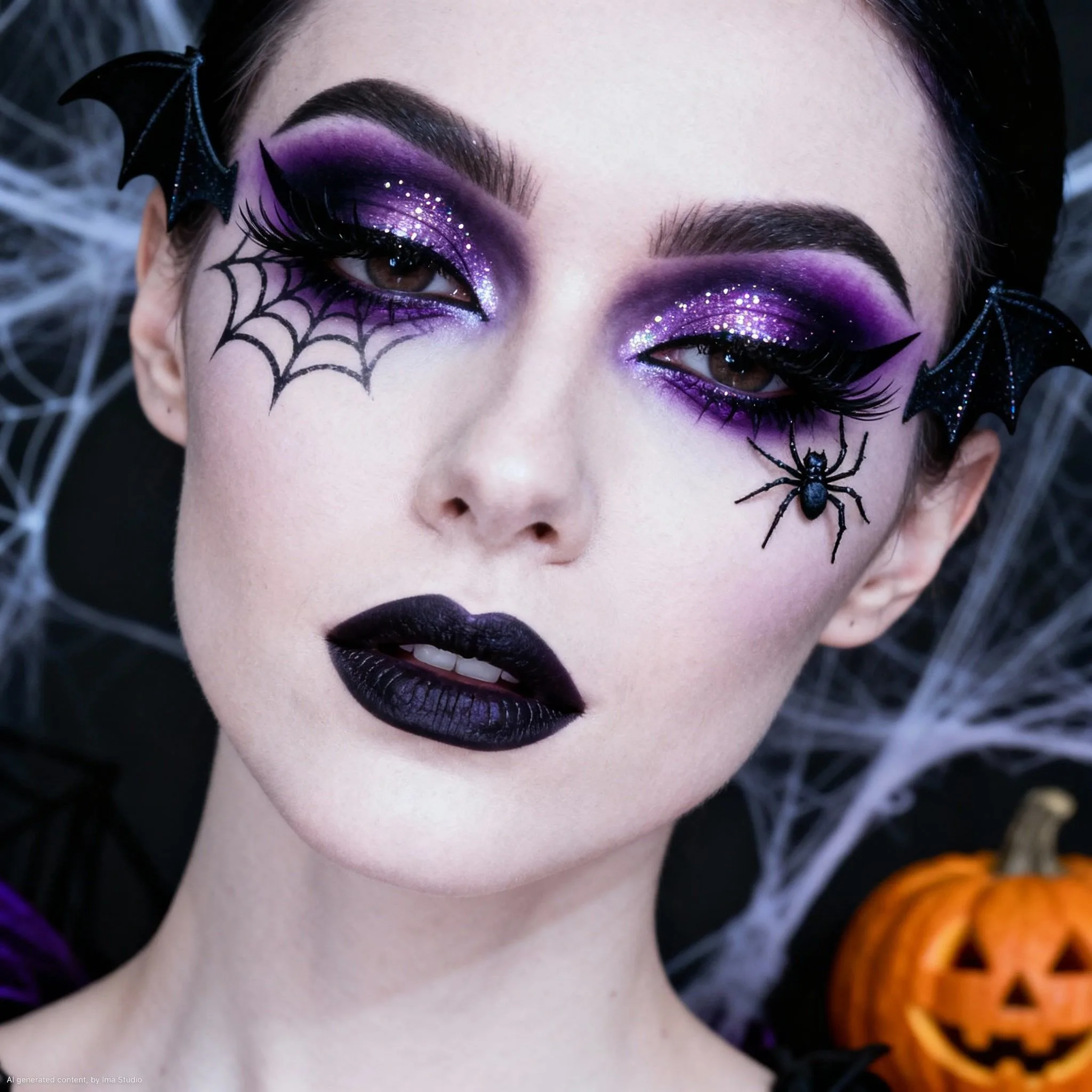 Purple spiderweb glam makeup with glitter and black lips