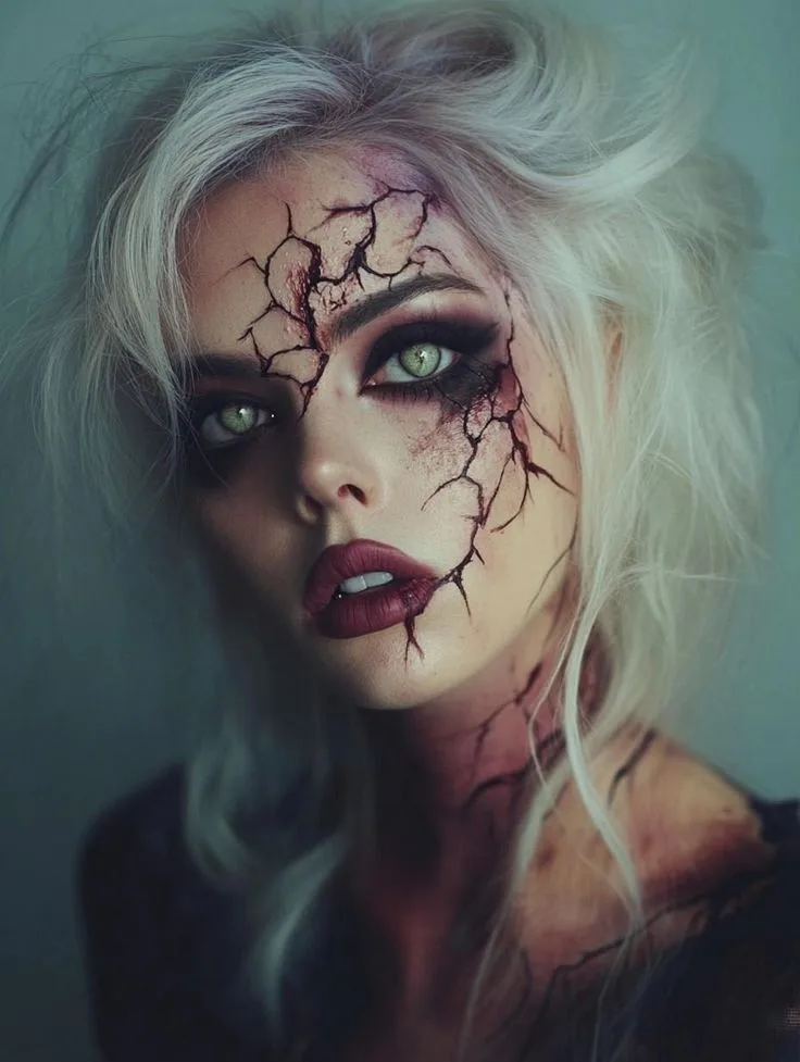 Pale cracked ghost makeup with violet veins and silver hair