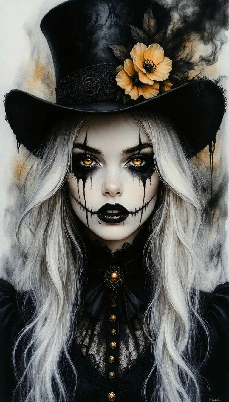 Top hat skeleton makeup with stitched mouth and orange flower hat