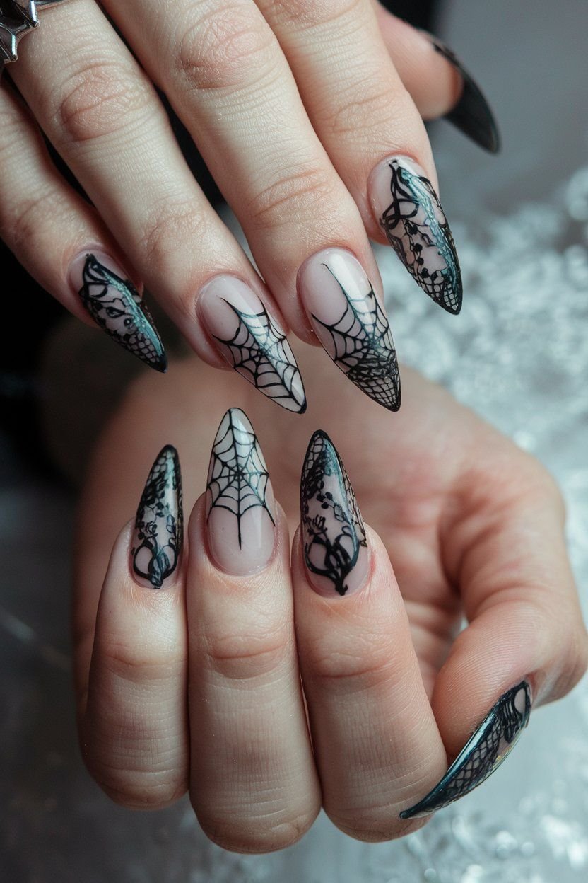 Halloween wedding nails: nude and black spiderweb stiletto