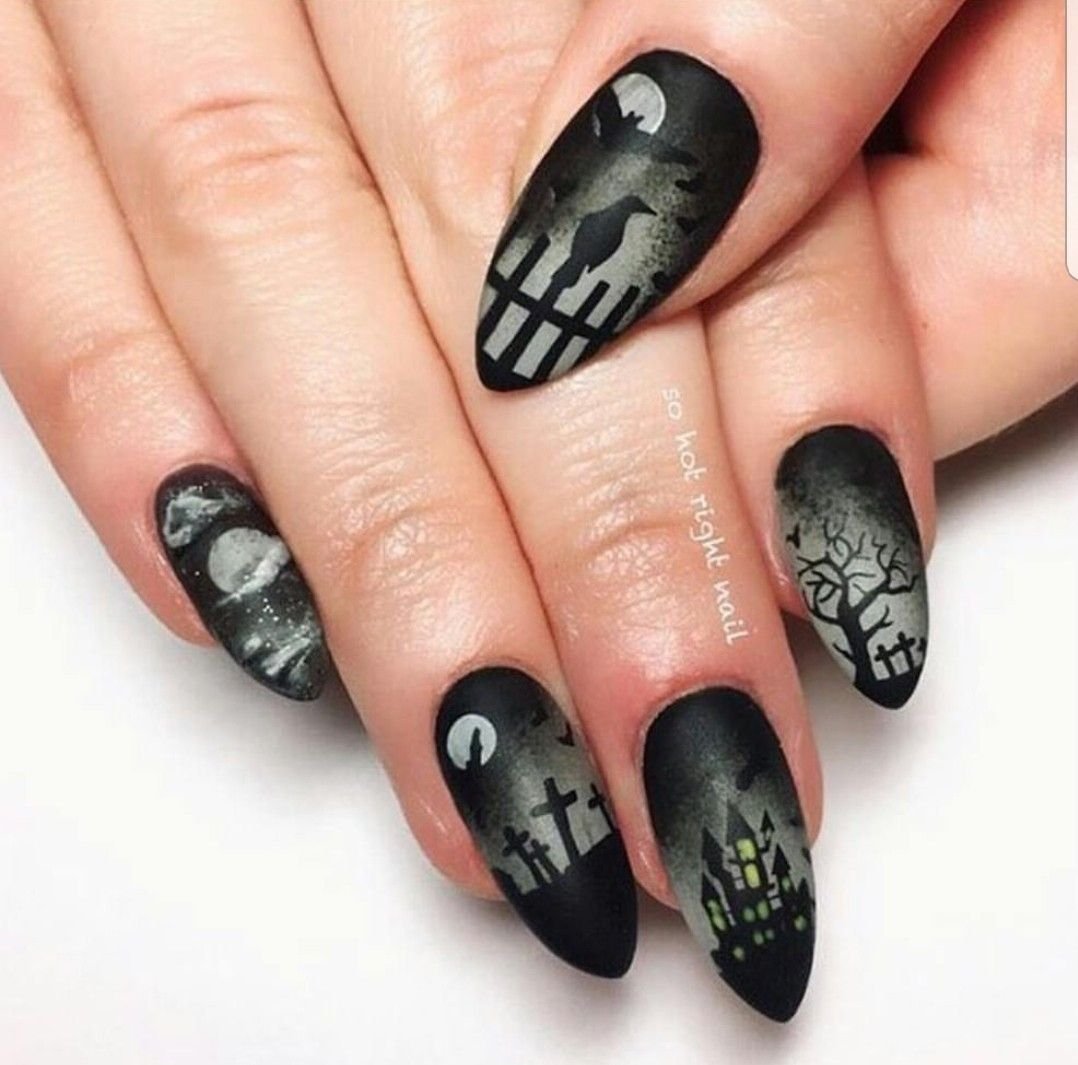 Halloween wedding nails: black almond with haunted designs