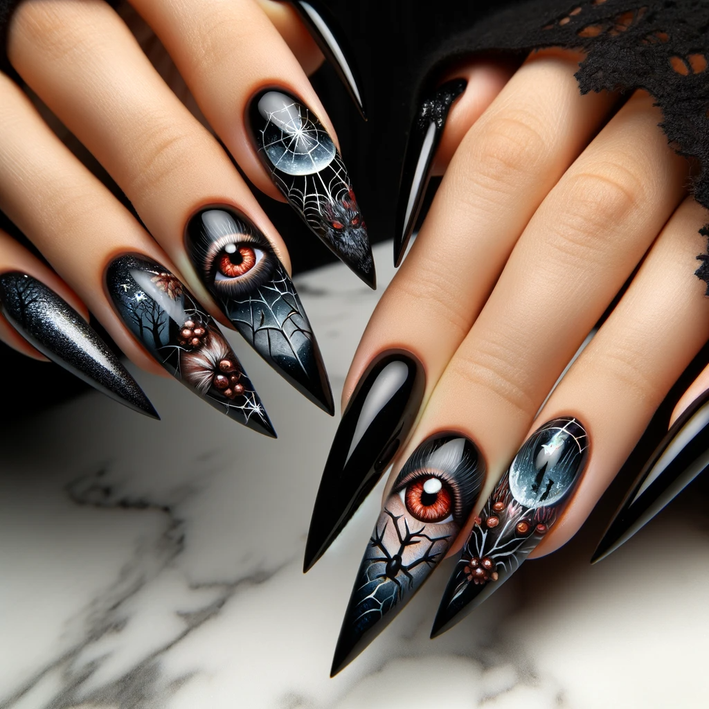Halloween wedding nails: black stiletto with spiderweb