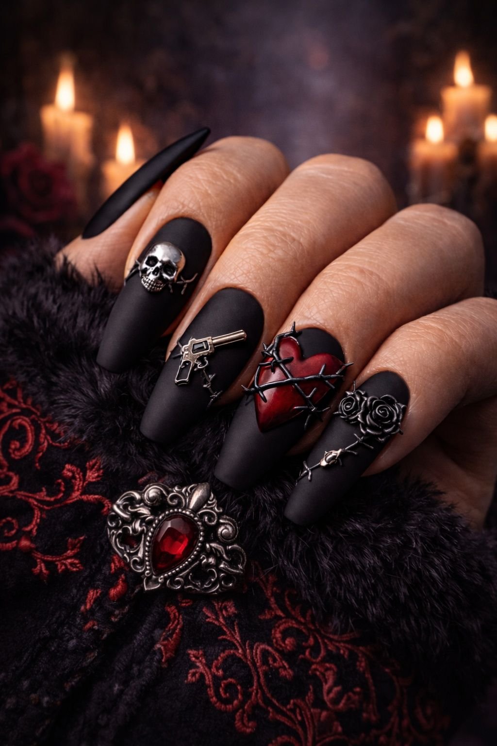 Halloween wedding nails: black coffin with skulls and gems