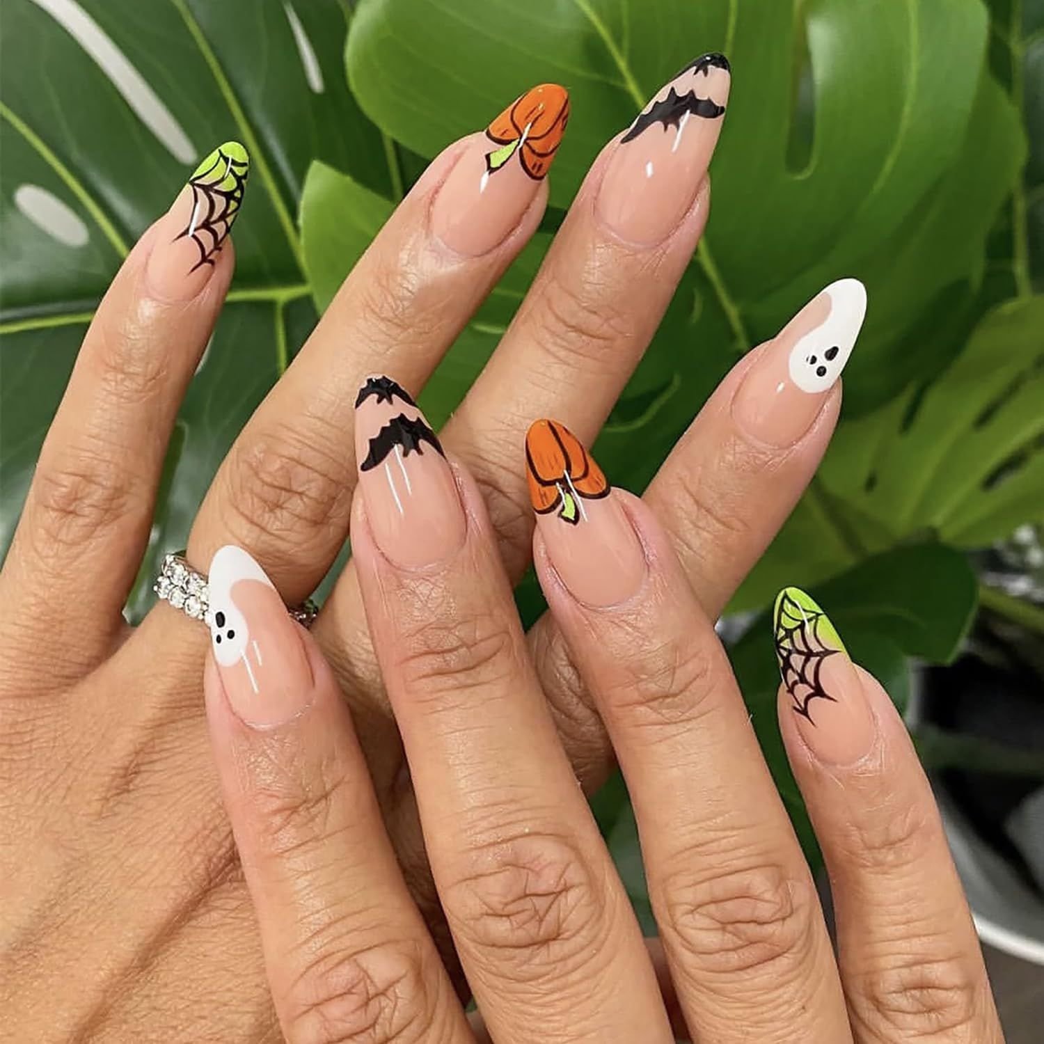 Halloween wedding nails: colorful pumpkin and ghost art