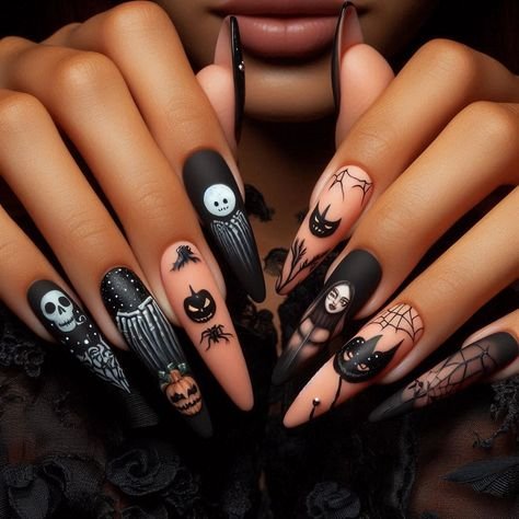Halloween wedding nails: black almond with pumpkins