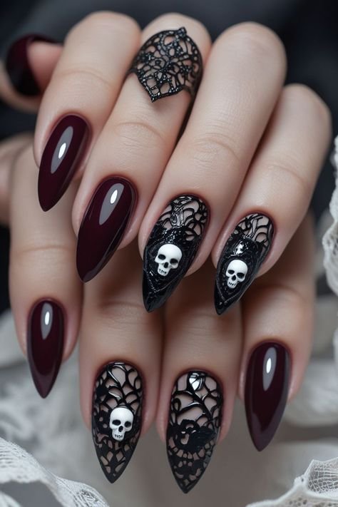 Halloween wedding nails: burgundy with skulls and lace