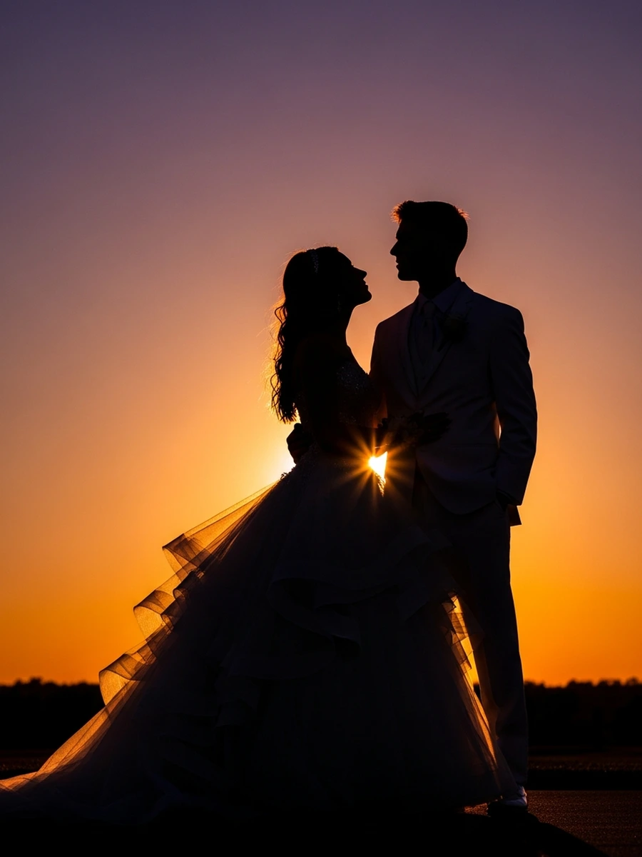 Couple silhouetted at sunset in homecoming attire