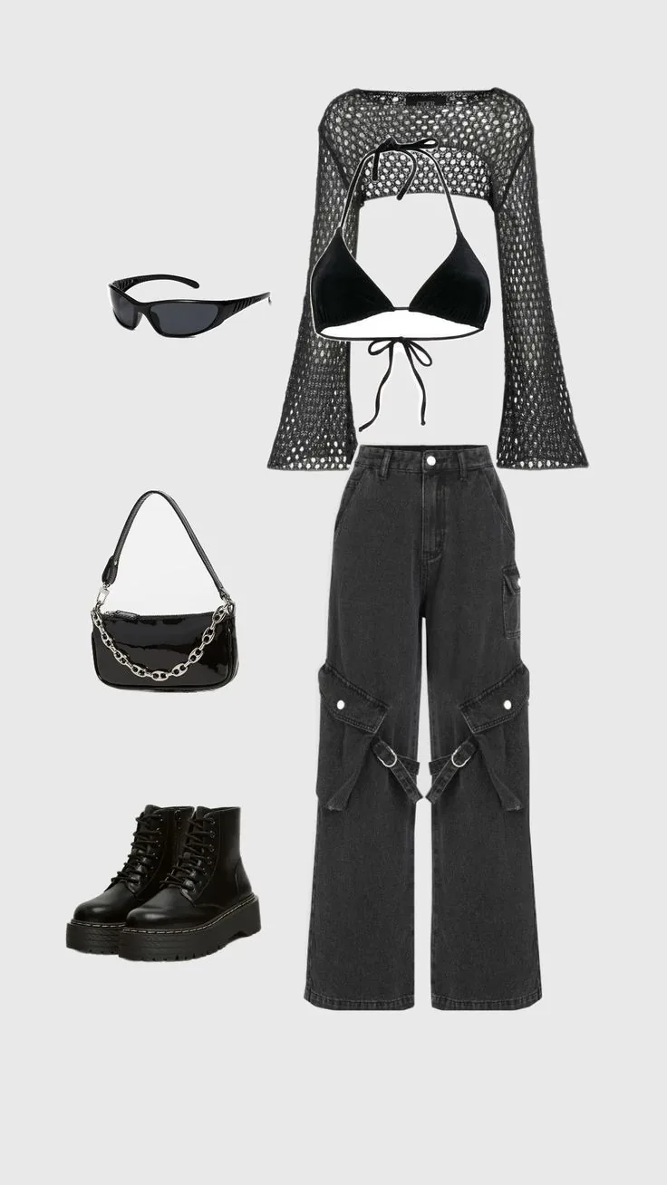 III points festival outfit: flat lay of a black mesh set with cargo pants boots bag and sunglasses