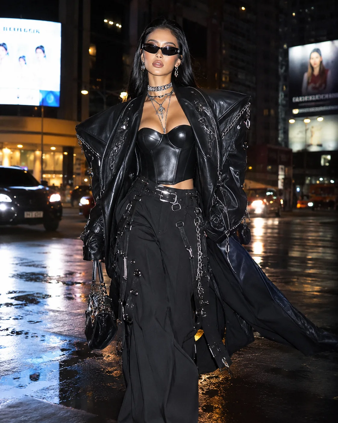 III points festival outfit: black leather corset coat outfit on a neon-lit city street at night