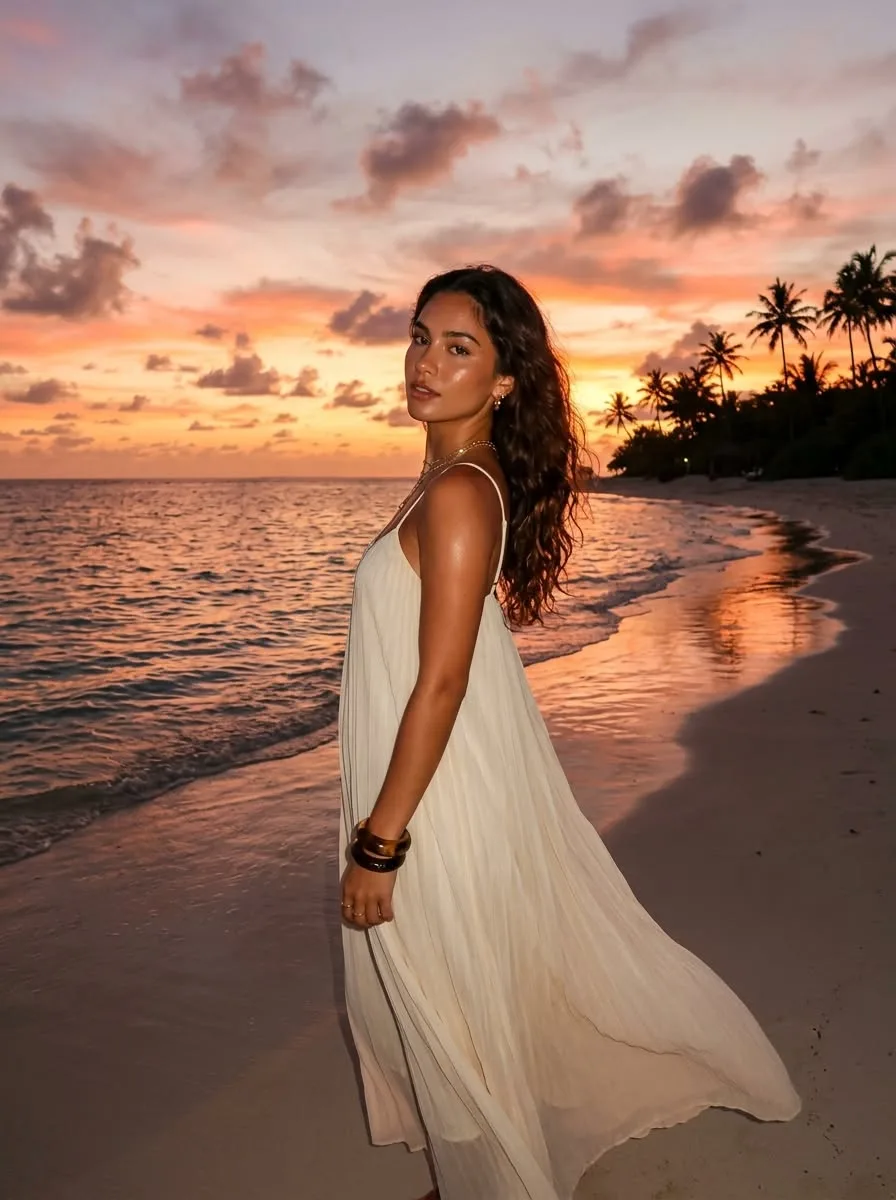 White flowy maxi dress on beach at sunset, romantic concert look