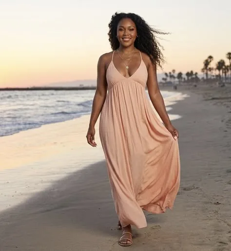 Blush pink maxi dress by the ocean at dusk, soft concert outfit