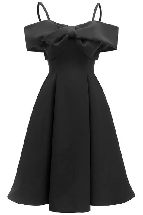Black skater dress with oversized bow neckline, product photo