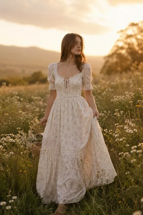 Cream floral prairie maxi dress in golden field