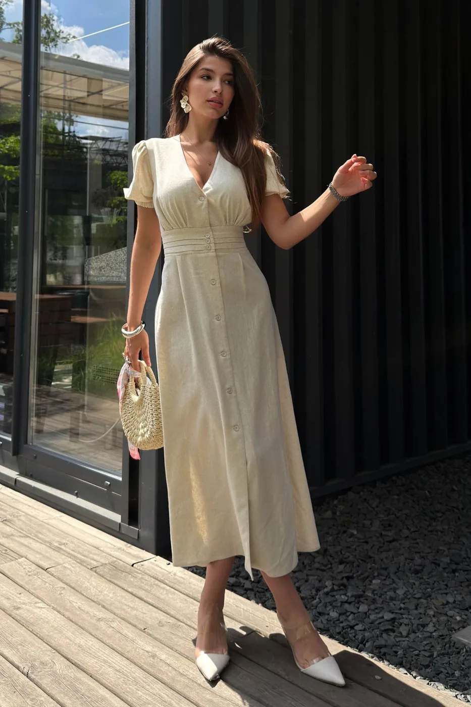 Pale yellow button front midi dress with white heels