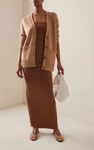Brown ribbed knit midi dress with camel cardigan