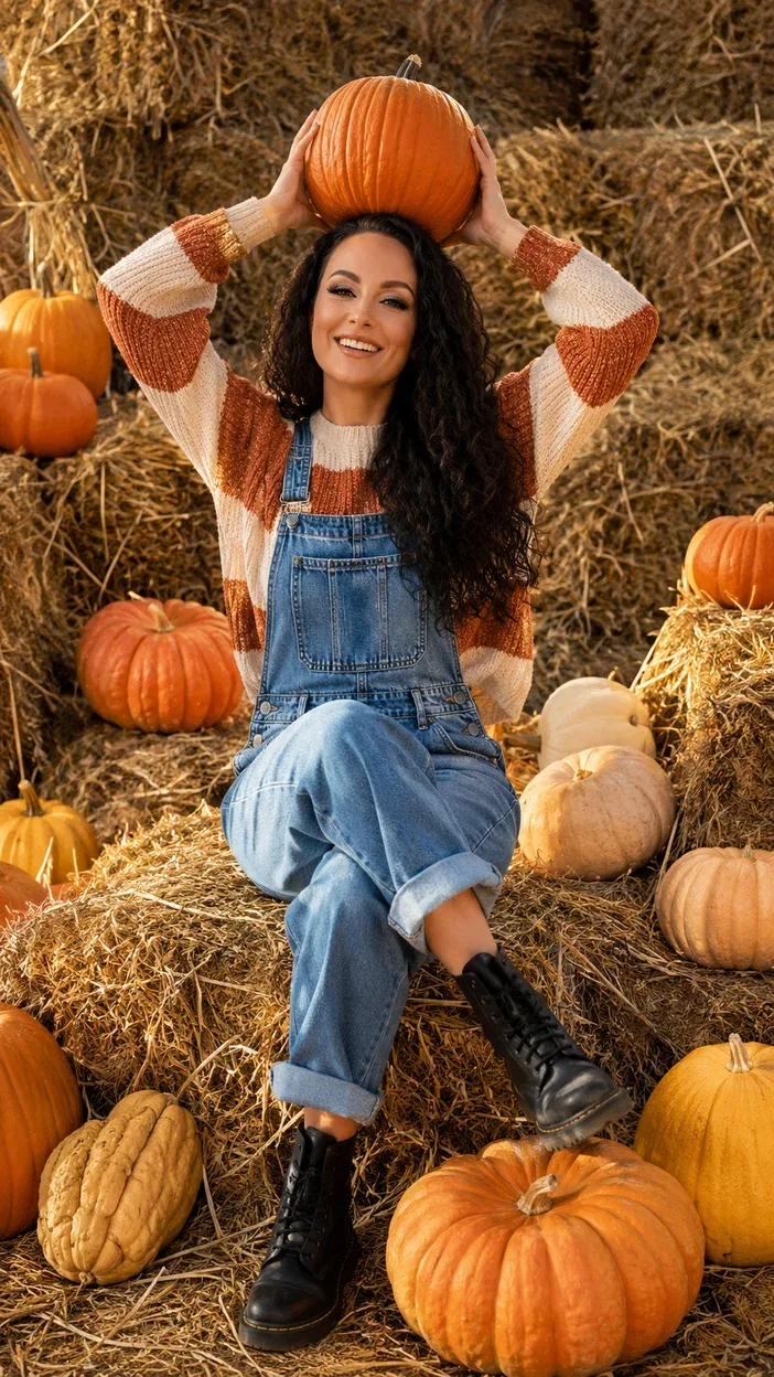 Pumpkin patch outfit: striped sweater with denim overalls sitting on hay bales