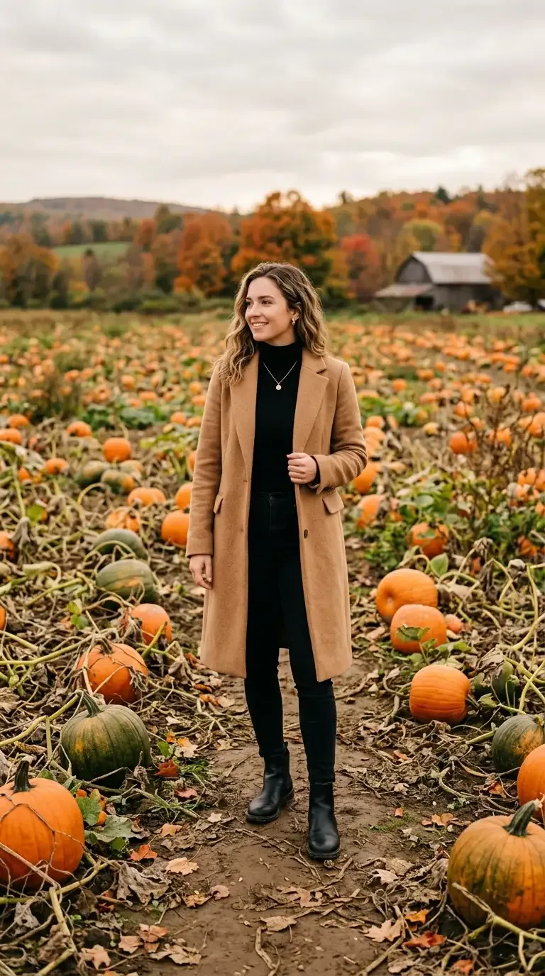 Fall pumpkin picking outfit: camel coat with a black turtleneck and ankle boots