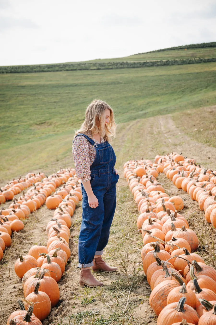 Pumpkin picking outfit: denim overalls with a floral top walking the rows