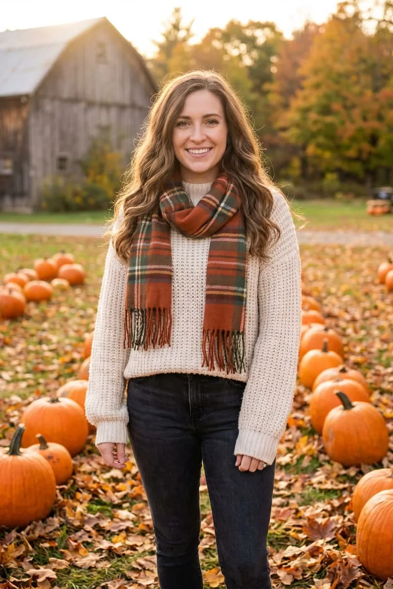 Pumpkin patch outfit: cream knit sweater with a red plaid scarf