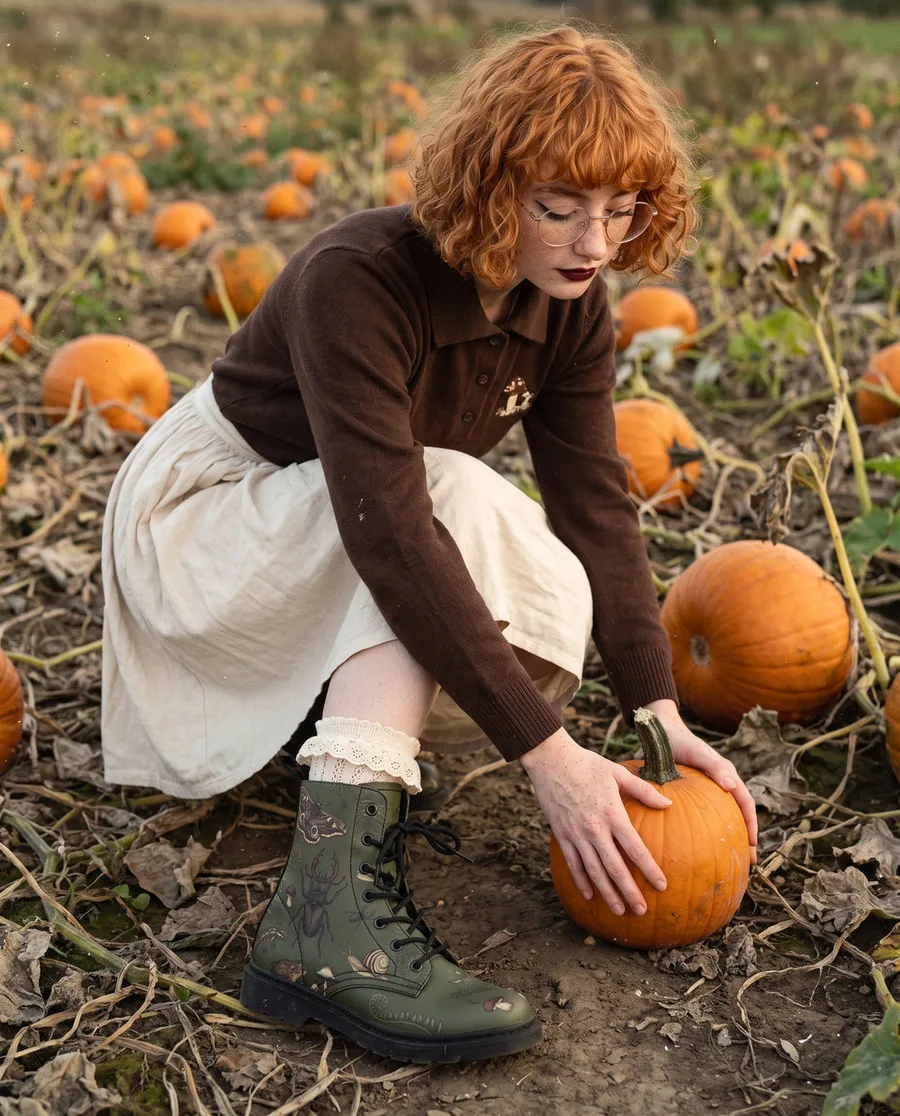 Fall pumpkin picking look: brown sweater with a cream midi skirt and boots