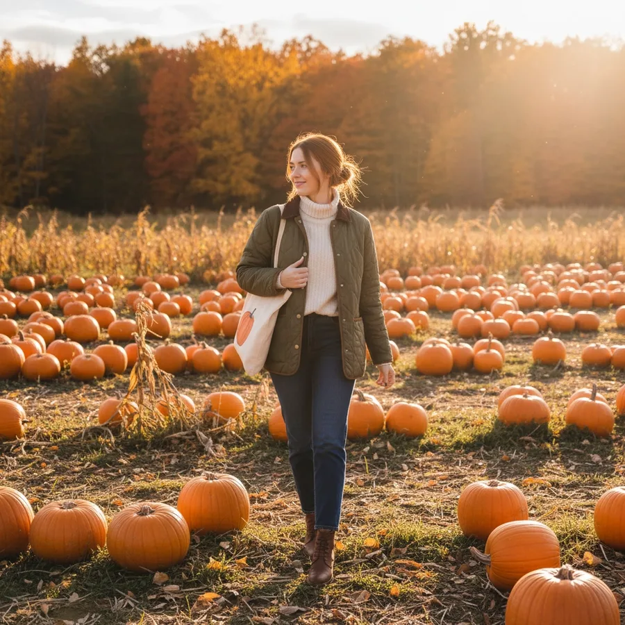 Fall farm outfit: olive field jacket with jeans walking through the pumpkin rows
