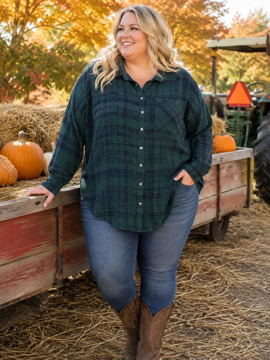 Plus size pumpkin patch outfit: dark green plaid shirt with jeans
