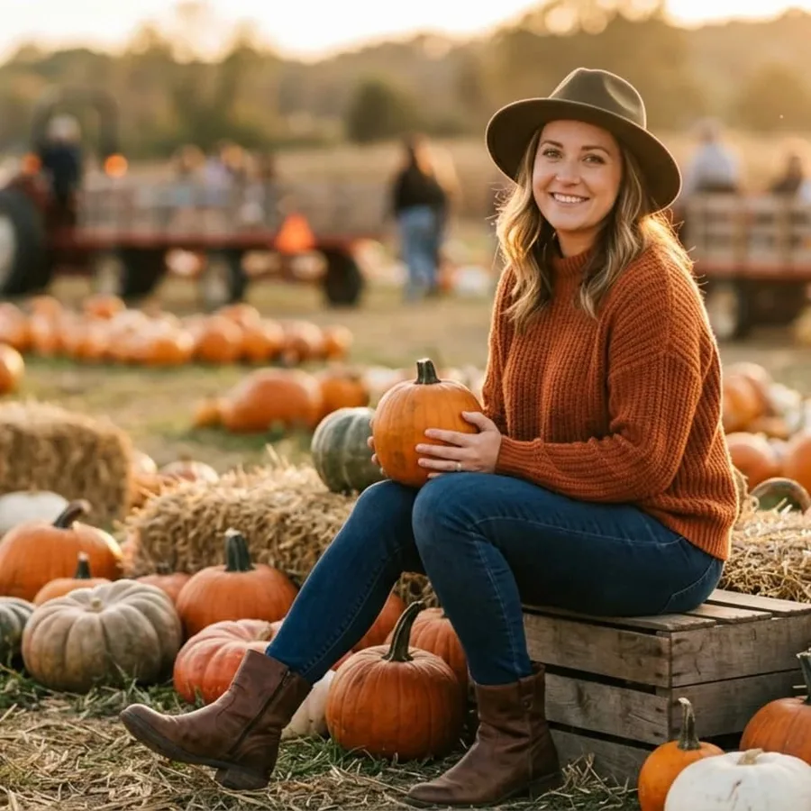Fall pumpkin patch look: rust knit sweater with jeans sitting on a wooden crate
