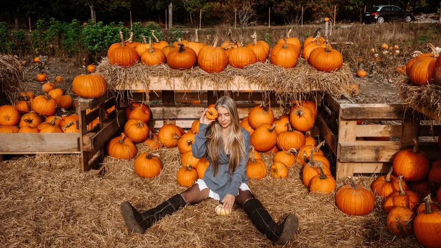 Pumpkin patch outfit: denim jacket sitting among pumpkins and crates