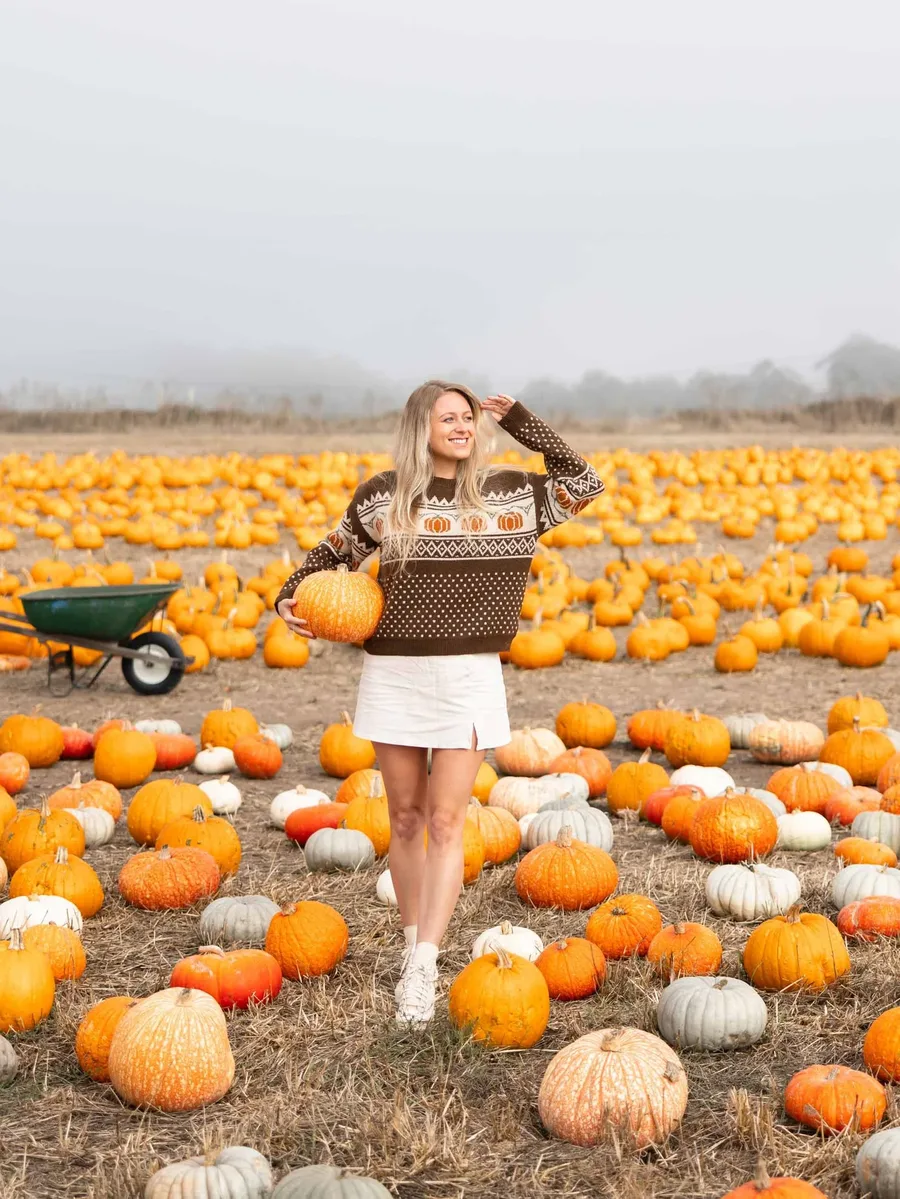 Pumpkin patch sweater outfit: fair isle knit with a white skirt