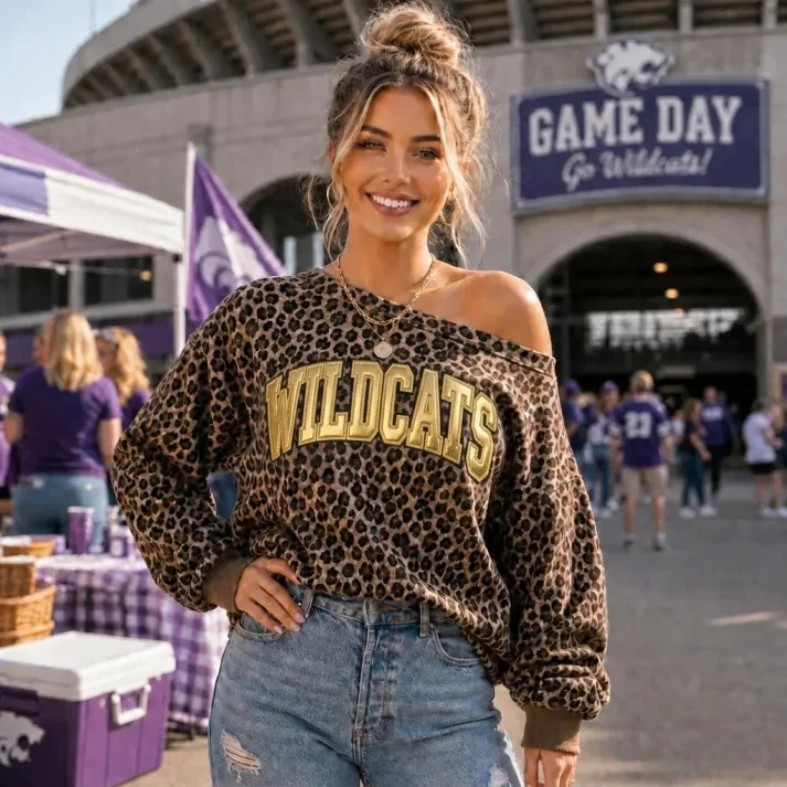 Woman in leopard Wildcats sweatshirt and jeans in front of a game day sign