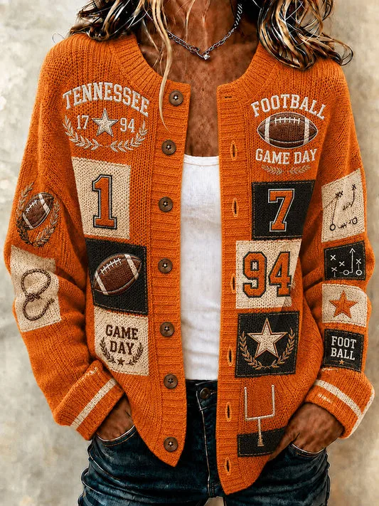 Woman in orange Tennessee football cardigan