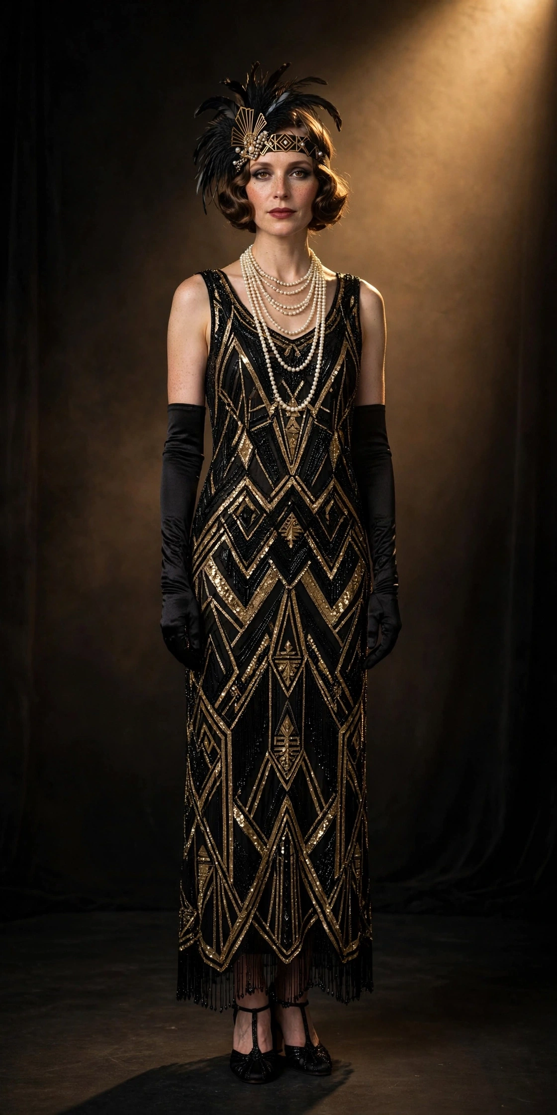 Woman in 1920s art deco black and gold beaded showgirl dress