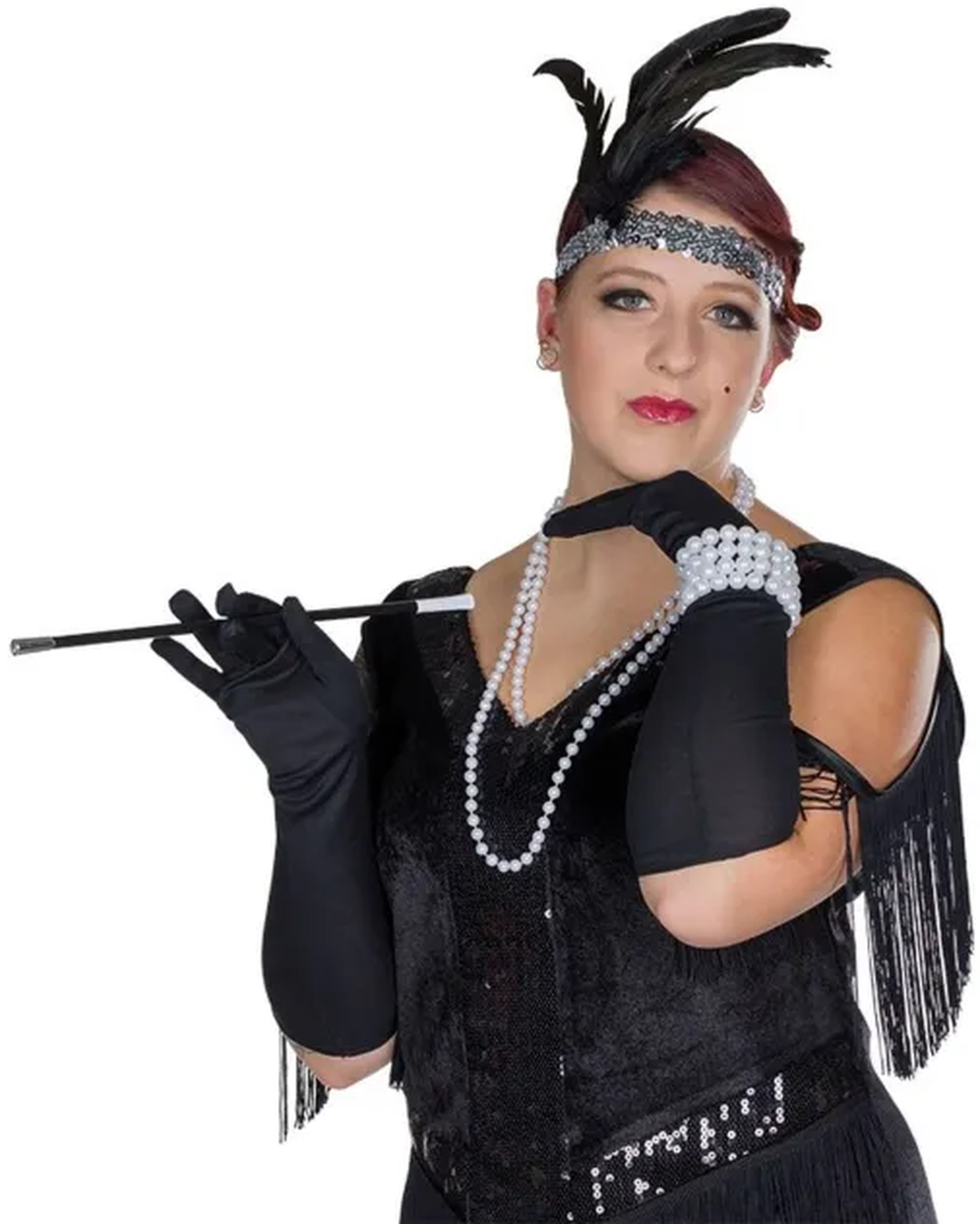 Woman in black flapper dress with long black gloves