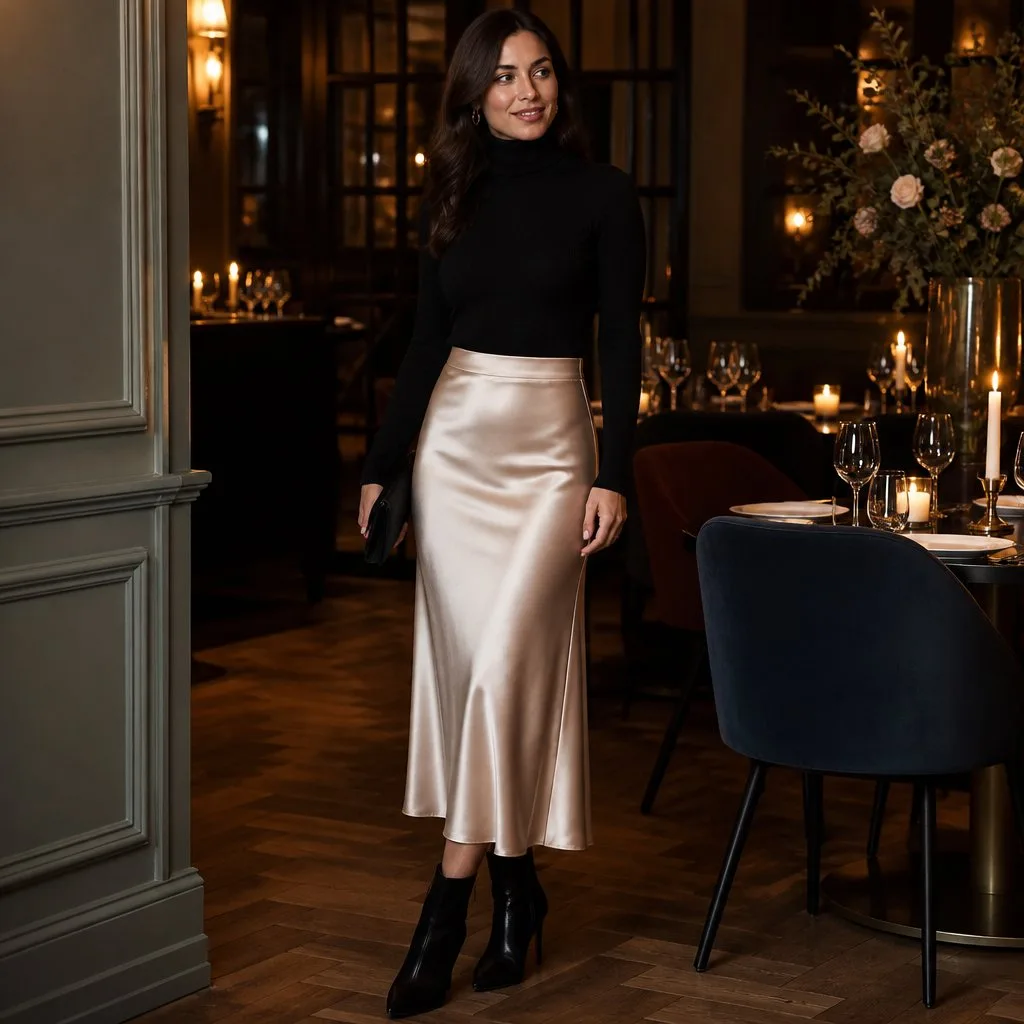 Black turtleneck with champagne satin midi skirt at a restaurant, elegant fall date night outfit
