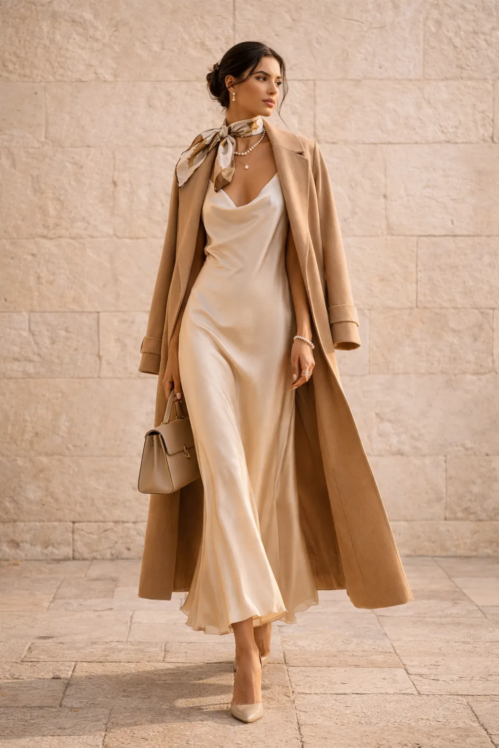 Camel wool coat over champagne silk dress, elegant fall date night outfit