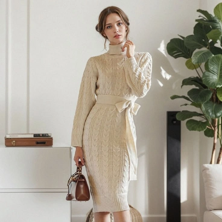 Ivory cable knit midi dress with brown bag, soft fall date night look