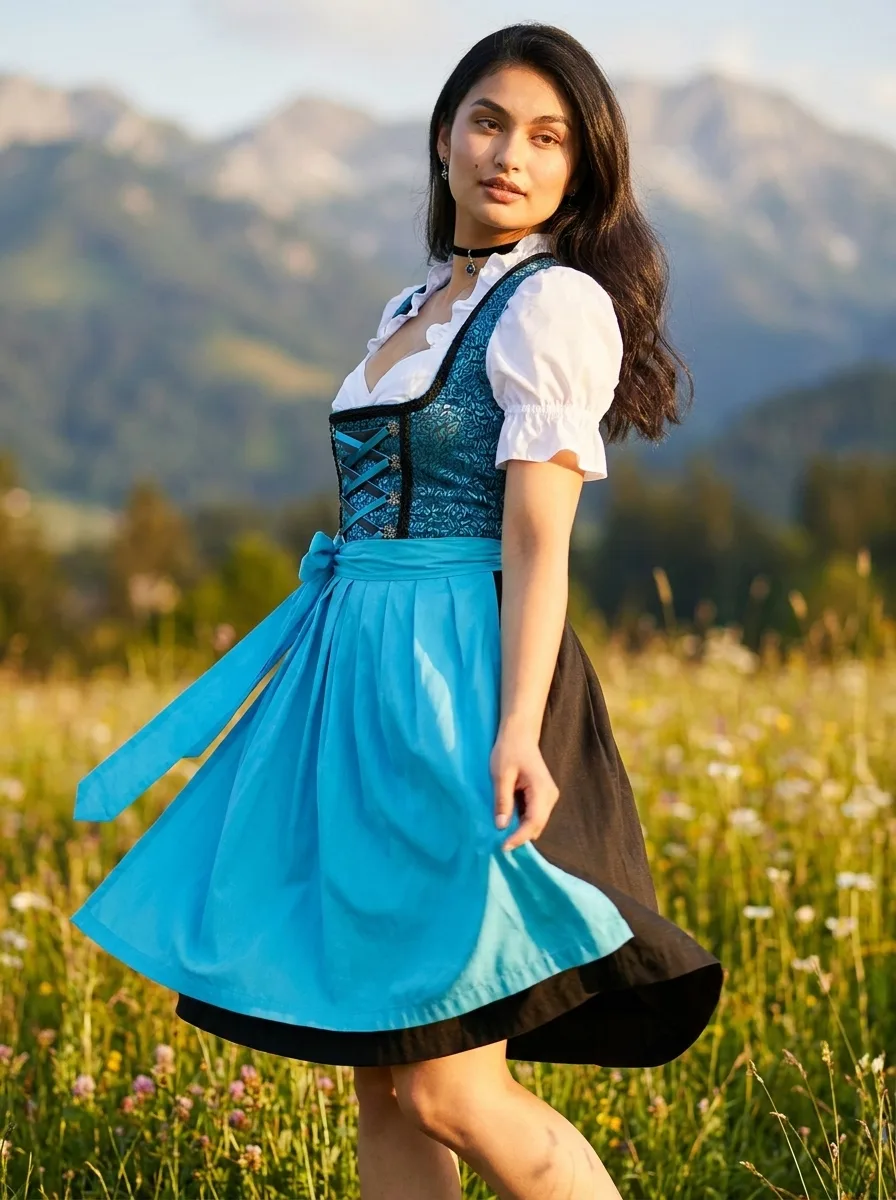 Woman in a blue and black dirndl twirling in an alpine meadow at sunset