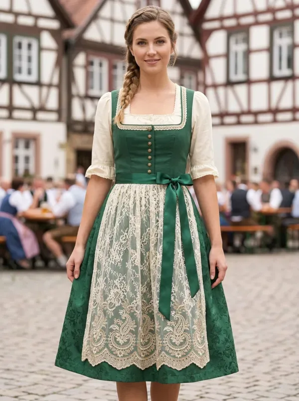 Woman in a green dirndl with a lace apron in an old town square