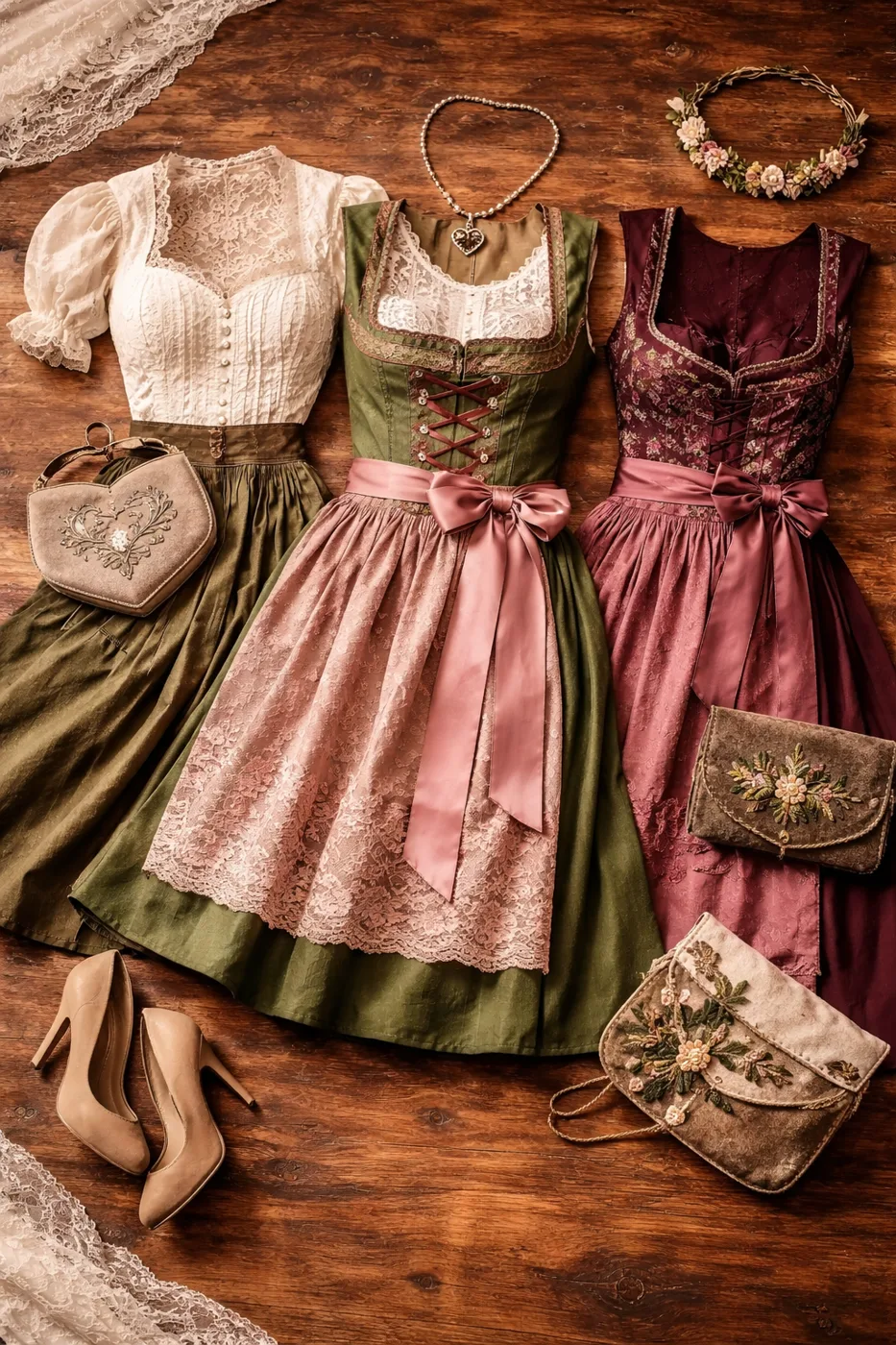 Flatlay of three dirndls with shoes, bags and accessories on a wooden table