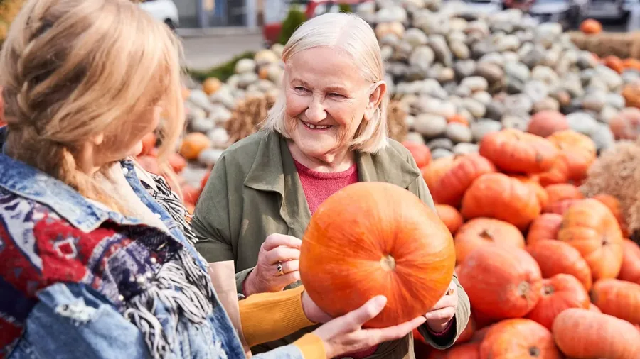 Older woman at the pumpkin patch holding a pumpkin with a friend