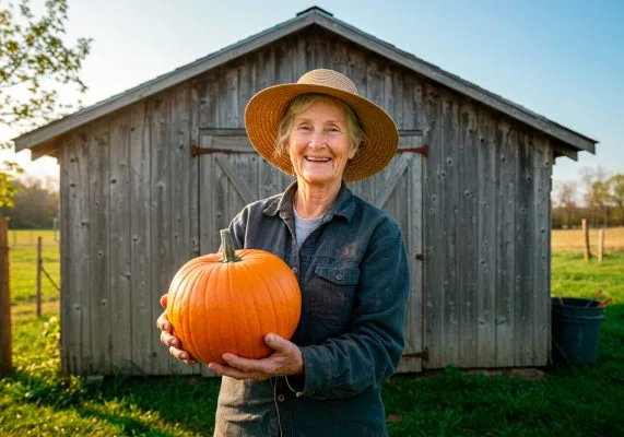 Pumpkin patch outfit for women over 50: denim shirt with a straw hat holding a pumpkin
