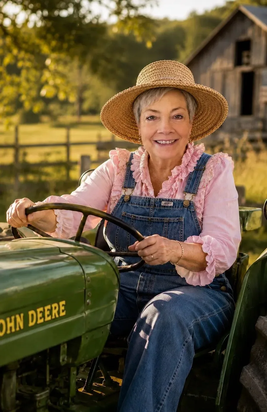 Fun pumpkin patch outfit: older woman driving a tractor in overalls