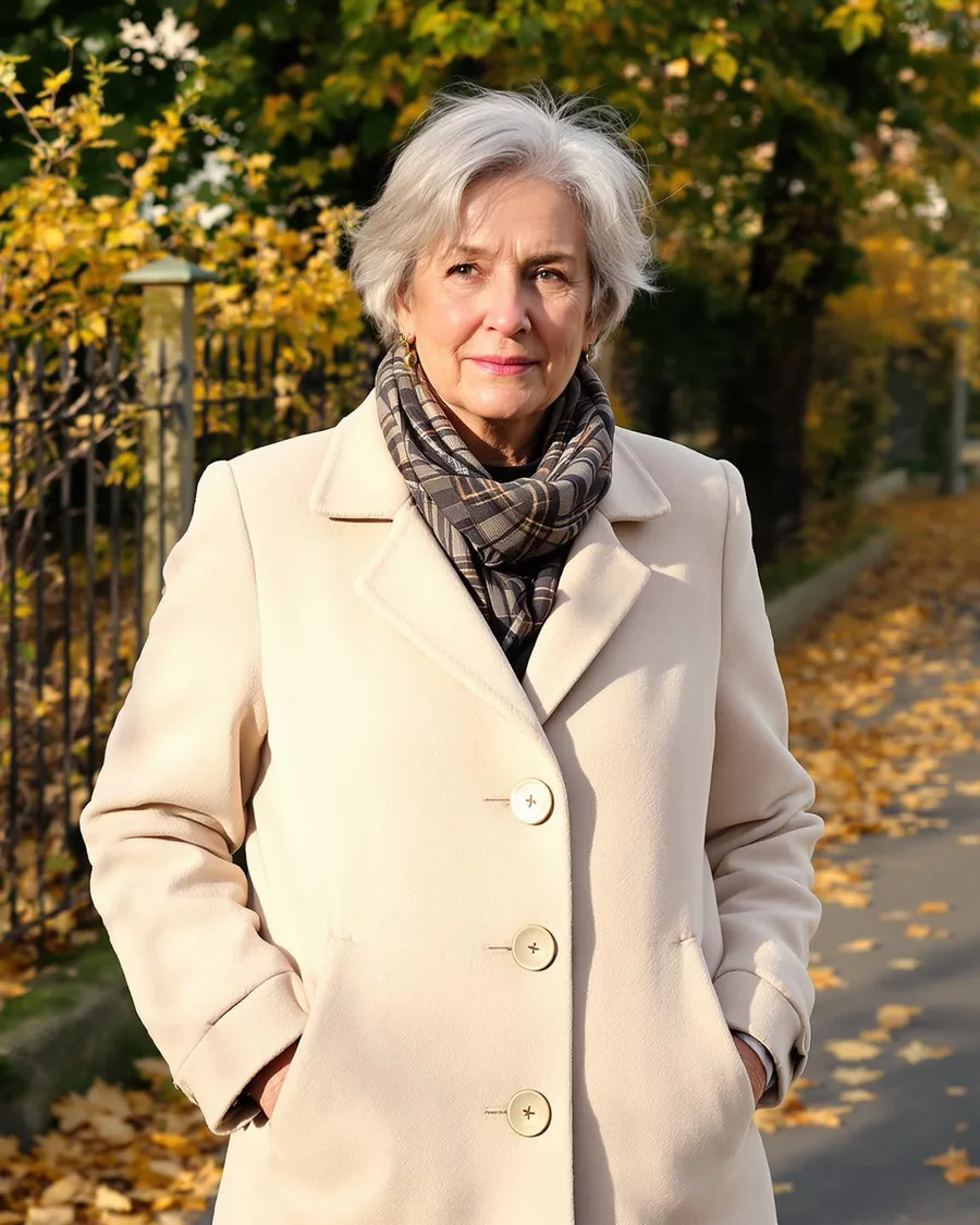 Fall outfit for older women: cream coat with a gray scarf