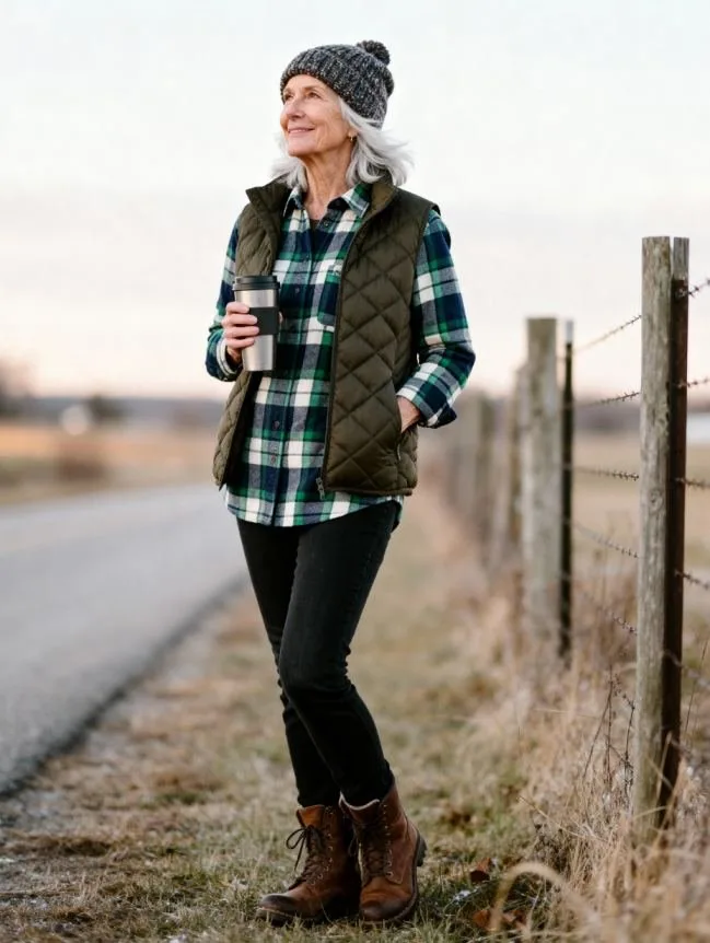Fall farm outfit: green plaid shirt with a quilted vest and beanie