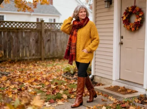 Pumpkin patch outfit: mustard sweater with a red scarf and brown boots