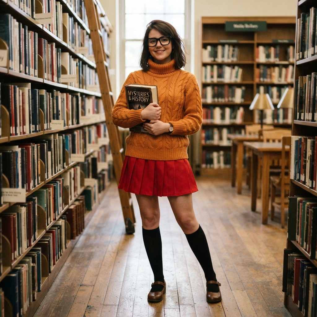 Woman in librarian costume holding books
