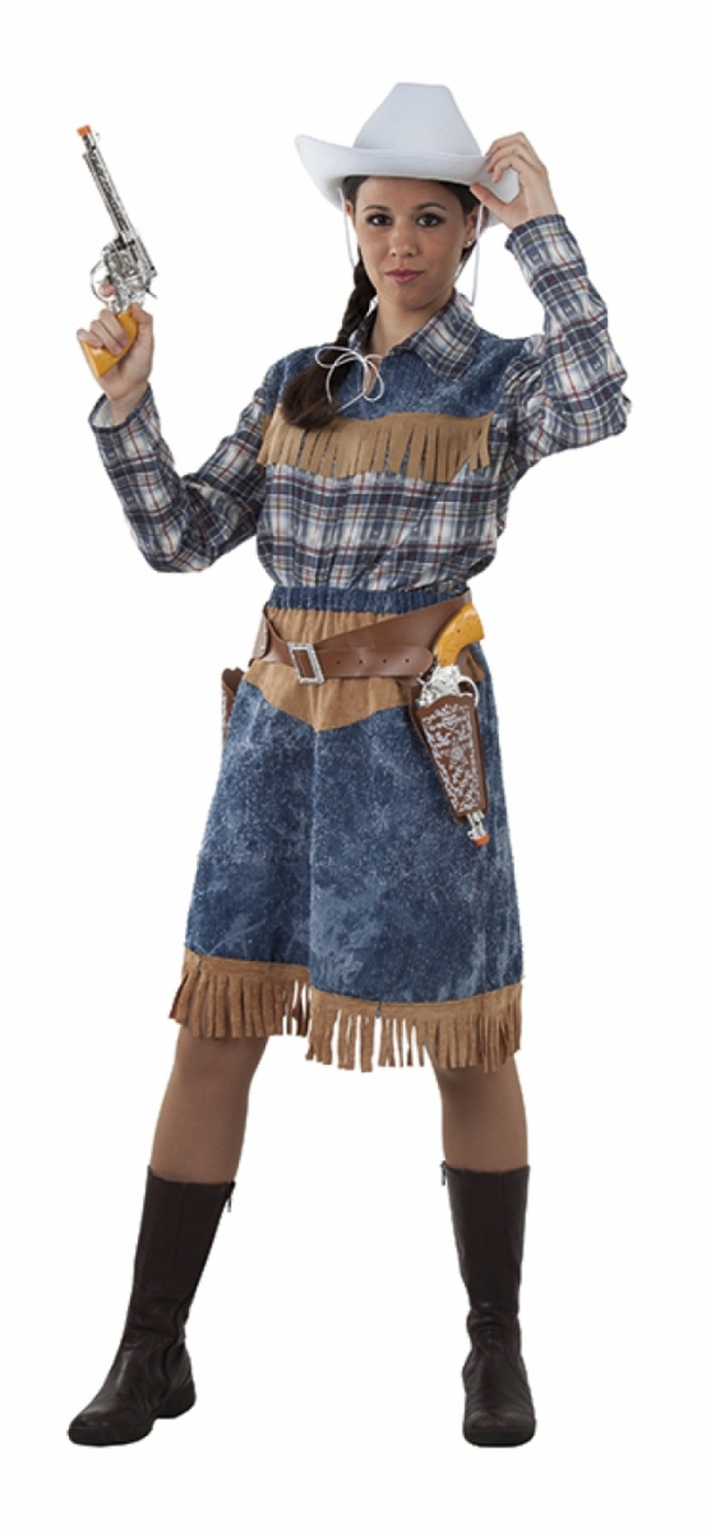 Woman in cowgirl costume with plaid shirt and cowboy hat
