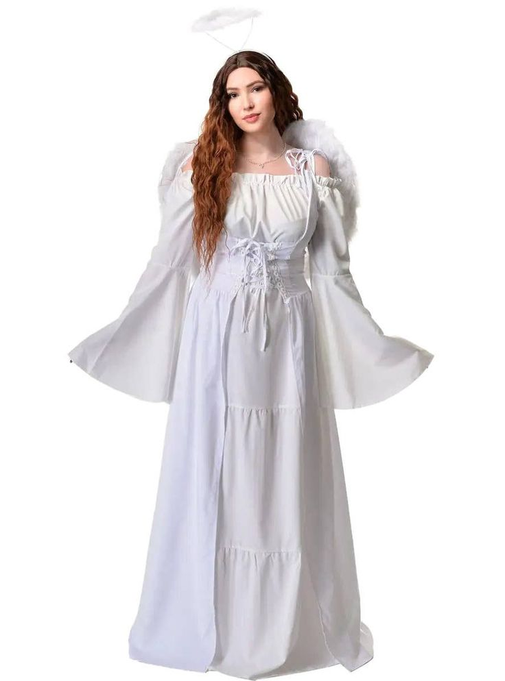 Woman in white angel costume with wings
