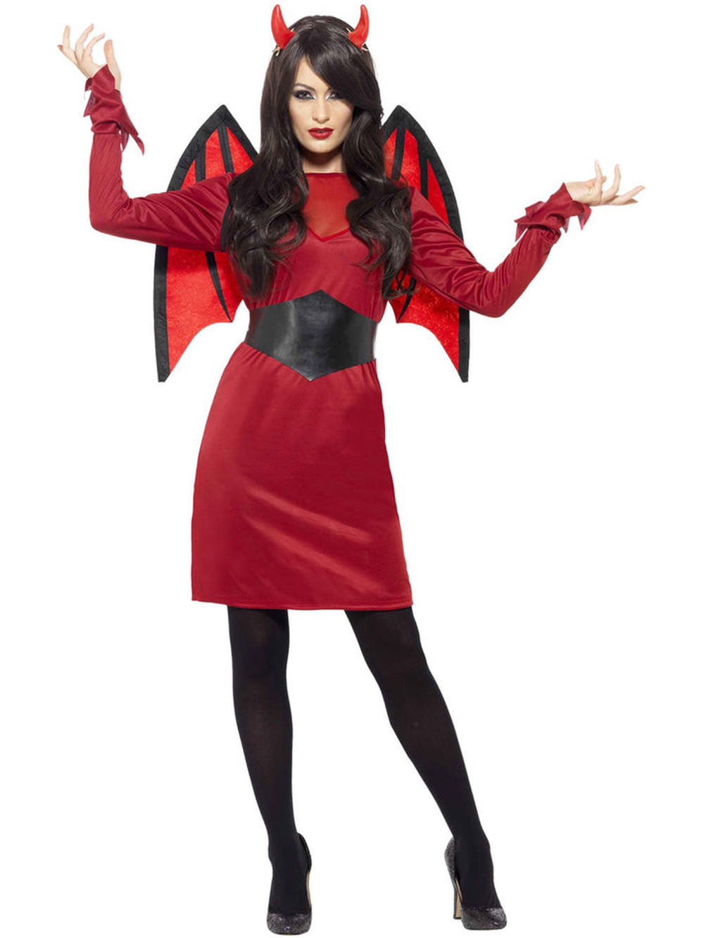 Woman in red devil costume with horns
