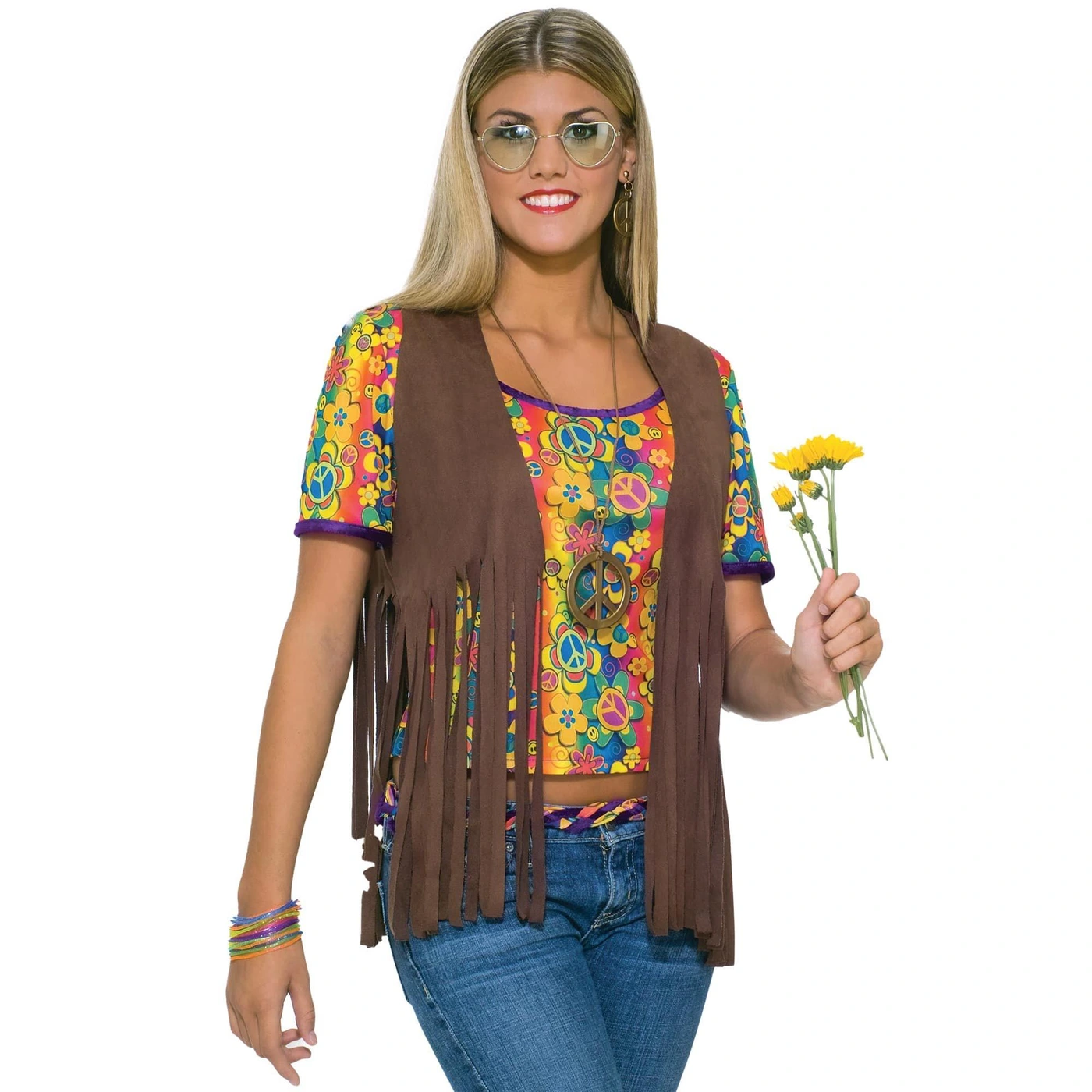 Woman in 70s boho outfit with fringe vest